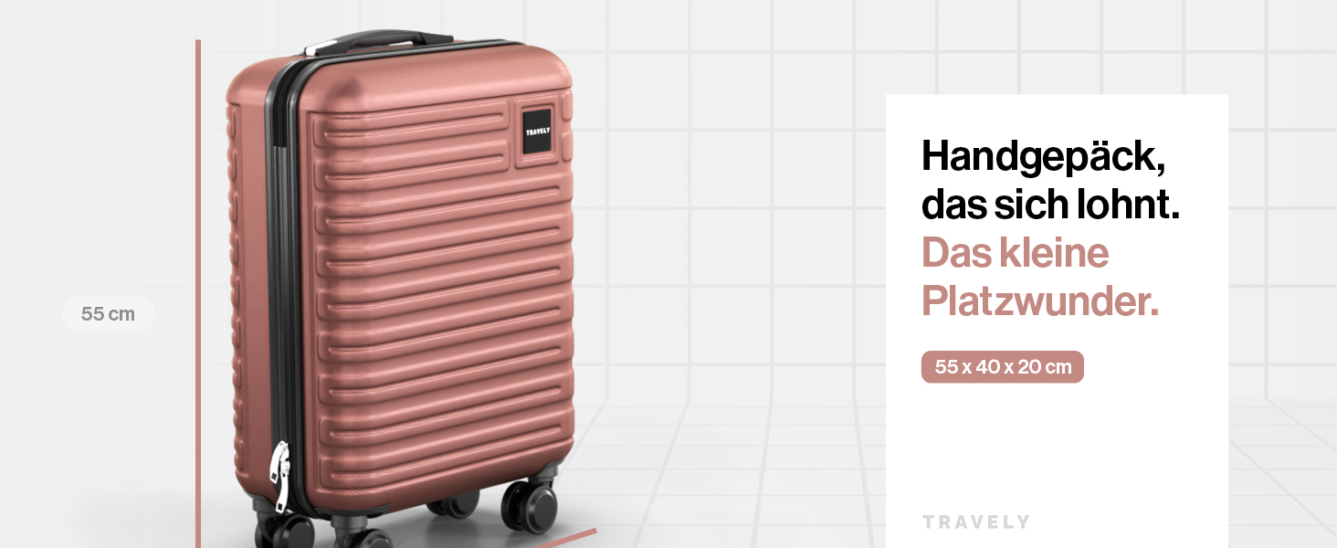 Чемодан ручної поклажі Travely Premium 55x40x20cm, 36L, Roségold (рожеве золото) з TSA замком та плавними колесами, підходить для Ryanair, Lufthansa, Eurowings