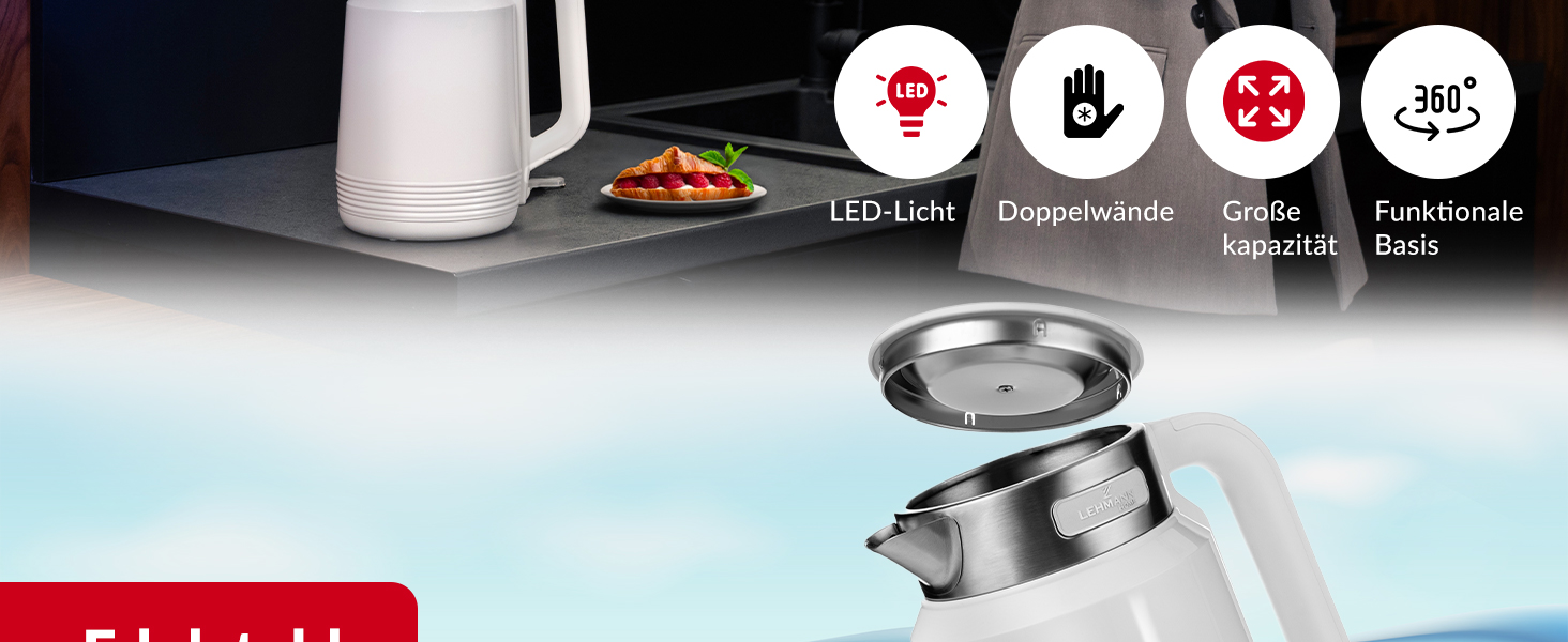 Електричний чайник LEHMANN з нержавіючої сталі 2L, 2200W, швидкий нагрів, подвійні стінки, автовимкнення та захист від перегріву, BPA-free, для великих сімей та офісів, білий