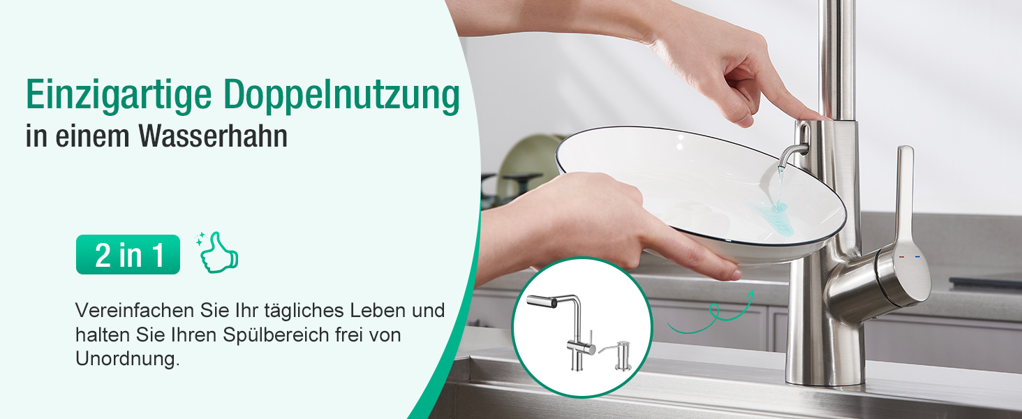 Змішувач для кухні CREA Wasserfall з висувною лійкою, нержавіюча сталь, з дозатором мила, поворотний на 360°, 4 режими струменя, водоспадний ефект