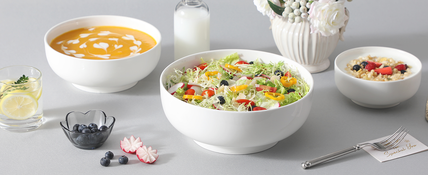 Набір супових та салатних мисок MALACASA Regular Weiß (3шт, 3.4л, 1.8л, 0.8л) з порцеляни. Ідеально для супу, салату, рамену, фруктів та мюслі.