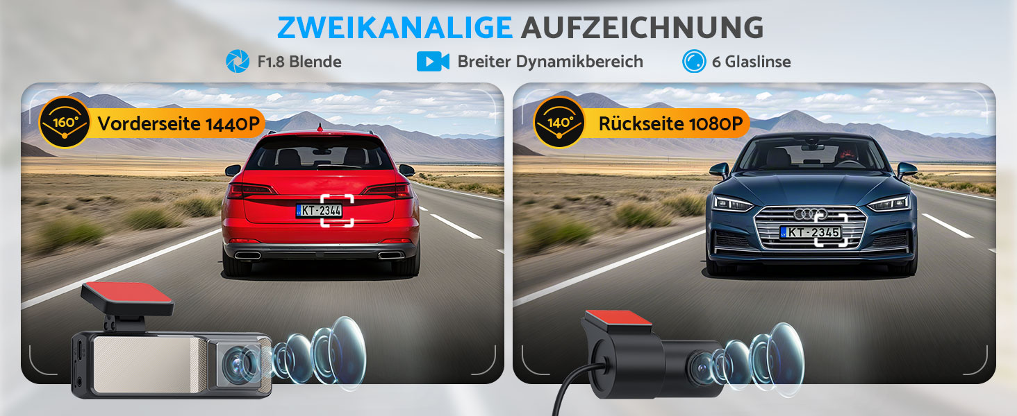 eSynic Mini Dashcam: Автомобільний відеореєстратор з Wi-Fi, 1080P Full HD, 160° Кут огляду, Нічне бачення, G-сенсор, Паркувальний режим, Керування через додаток, 32GB SD-карта в комплекті (Дві камери - передня та задня)