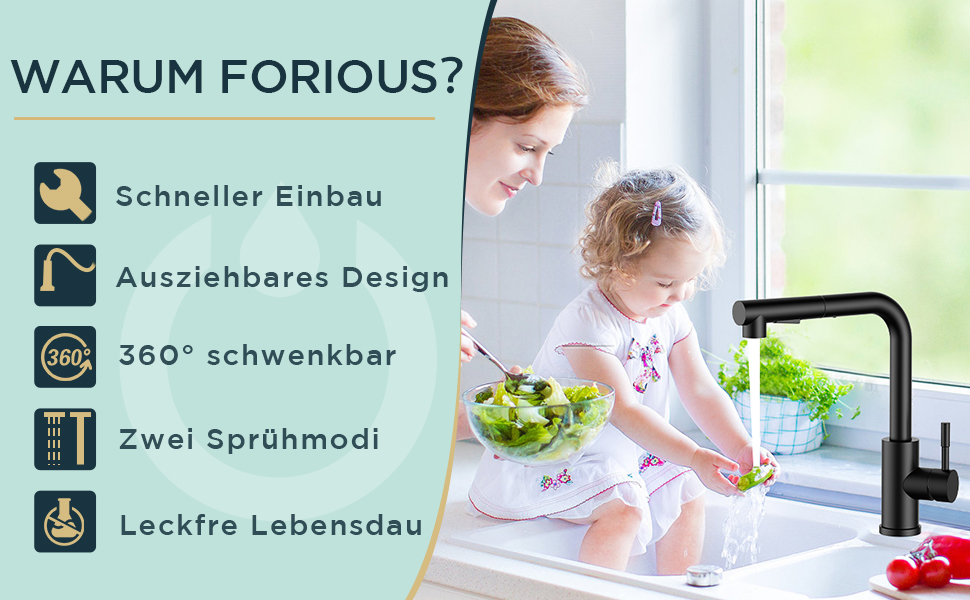 Кран FORIOUS для кухні з висувною лійкою, душовою насадкою, поворотний на 360°, 2 режими розпилення, матовий чорний