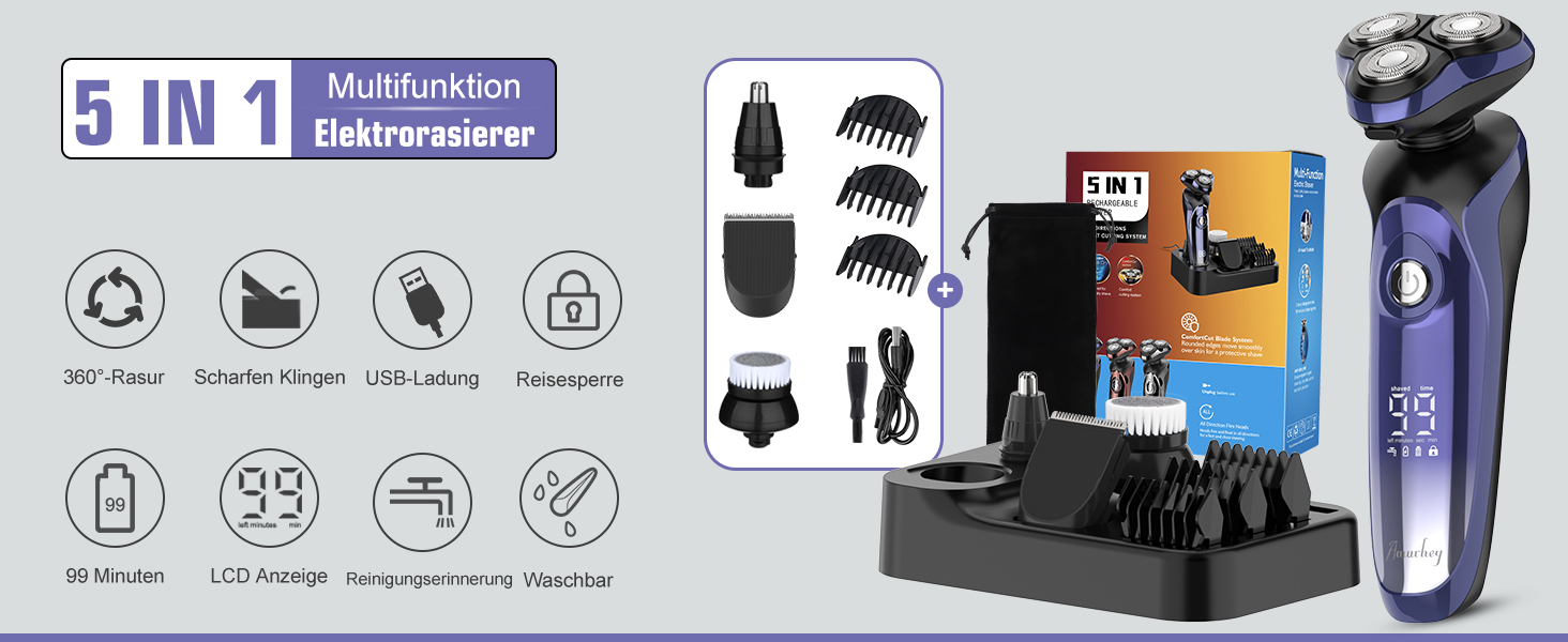 Електричний гоління для чоловіків Amurhey 5-в-1, тример для бороди, 3 насадки, 99 хв роботи, для мокрого та сухого гоління, станція зарядки, подарунок для чоловіків