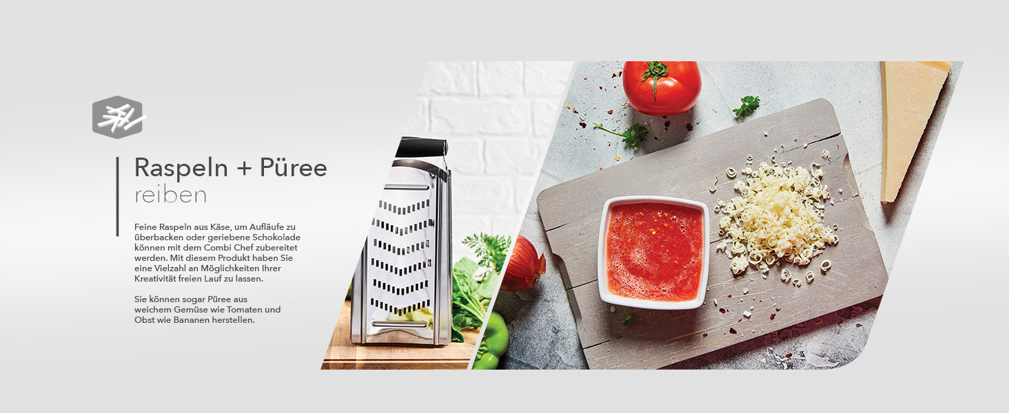 Кухонна терка Börner Combi Chef з контейнером, нержавіюча сталь, 4 насадки — для сиру, овочів, цедри