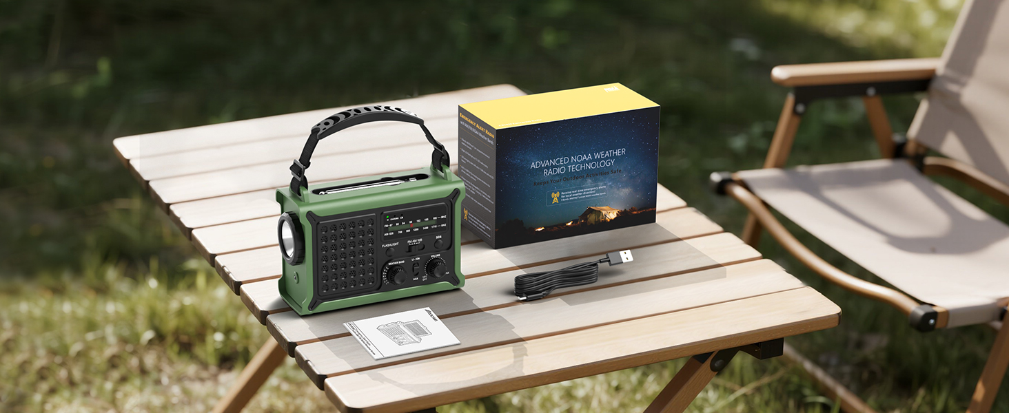 ROCAM Радіо з ручним генератором та сонячною панеллю, 12000mAh, AM/FM, LED ліхтарик, USB, SOS, для кемпінгу та надзвичайних ситуацій, зелене