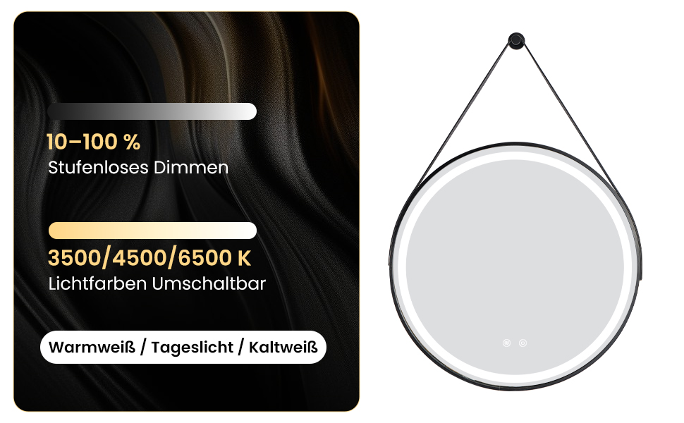 LED дзеркало для ванної кімнати з підсвічуванням, кругле, регульоване, 3 кольори світла (3500K-6500K), сенсорне керування, запобігання запотіванню, для макіяжу та гоління (діаметр 70 см)