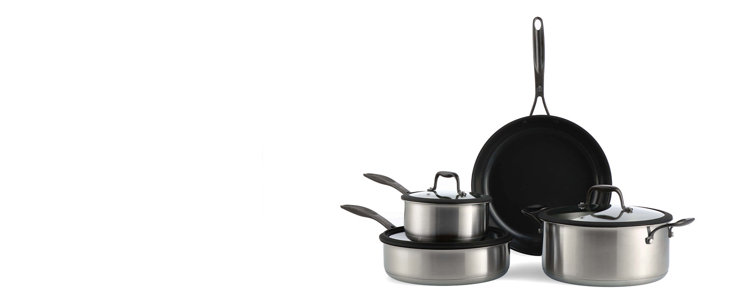 Набір посуду BK Ceramic Black 7-piece з нержавіючої сталі з керамічним антипригарним покриттям без PFAS, чорний. Ідеально для приготування їжі на індукційних плитах, безпечний для миття в посудомийній машині та використання в духовці.