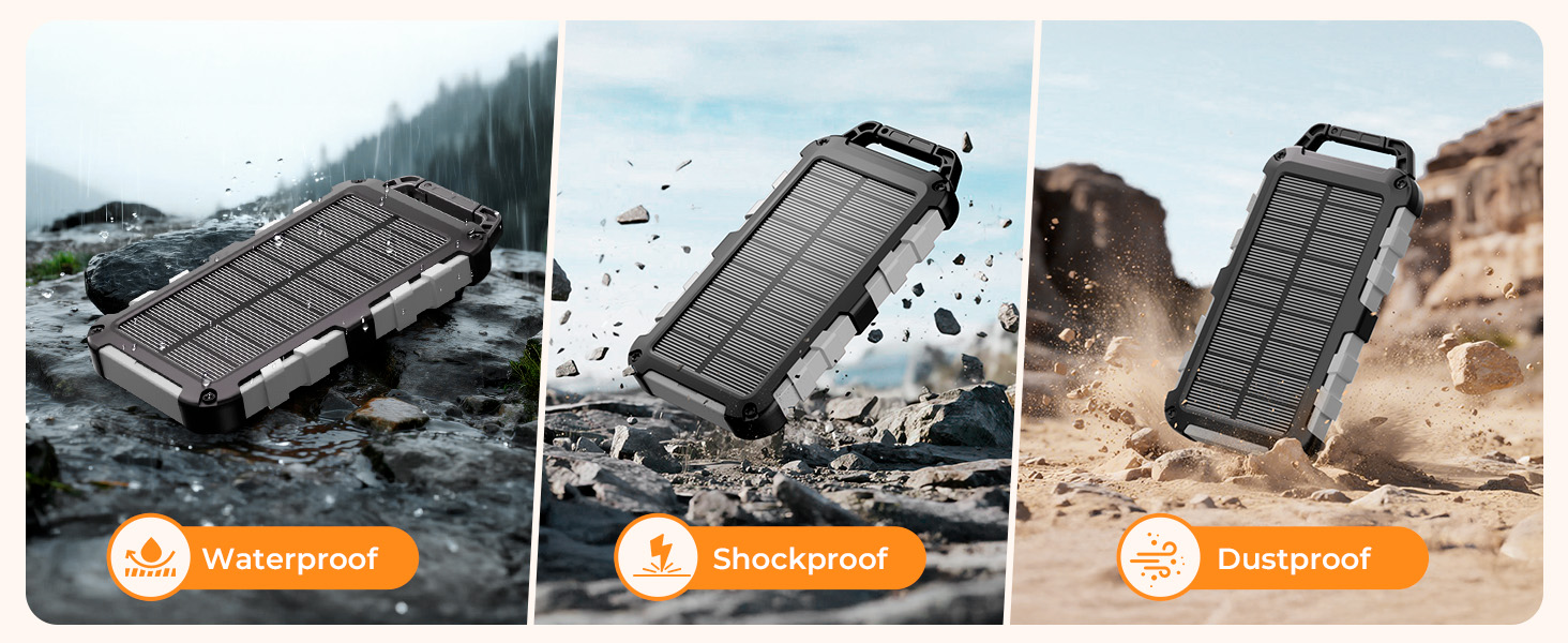 Портативний сонячний павербанк 26800mAh з LED ліхтариком, водонепроникний, 3 виходи USB, PD 15W, для кемпінгу та гаджетів (темно-сірий)