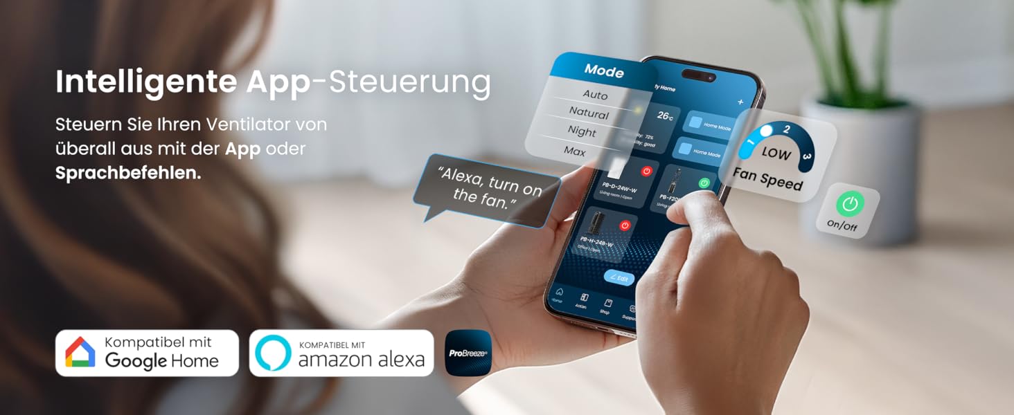 Вентилятор Pro Breeze 101см з ротором, Smart Home, Wi-Fi, LED дисплей, 6 швидкостей, тихий, 5 режимів, осциляція 60°, таймер 7год, чорний