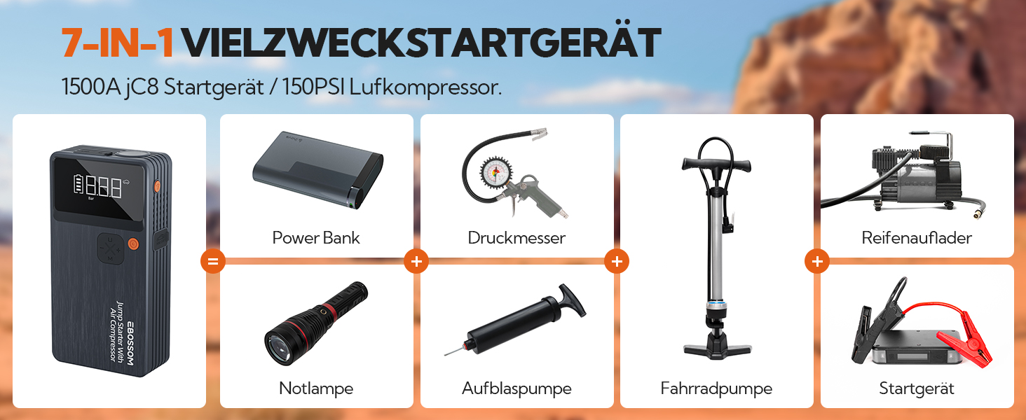 Powerbank Starthilfe JC8-12000mAh: Powerbank для авто з компресором, 12000mAh, LED-лампа, USB-C, ресeт-комплект