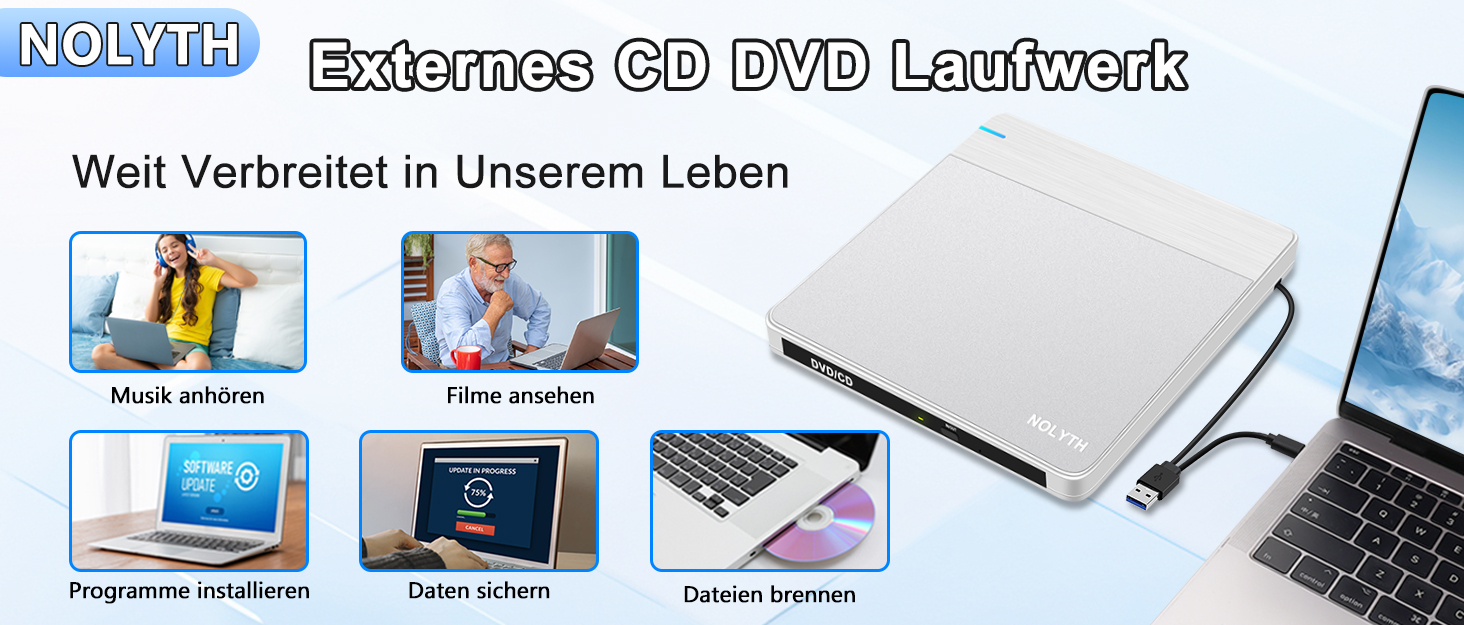 Зовнішній DVD-накопичувач для ноутбука Ultra Slim: портативний CD/DVD привід USB з картридером SD/TF для Mac, MacBook, Windows