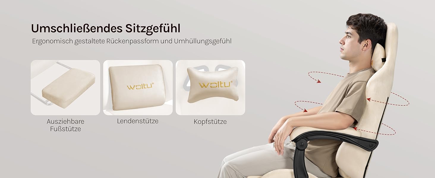 Геймерське крісло WOLTU з регульованою спинкою, обертове офісне крісло з підлокітниками, підставкою для ніг, підтримкою попереку та голови (Бежеве)