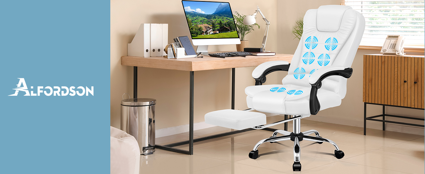 Офісне крісло Alfordson з ергономічною підтримкою попереку, регульоване, з підлокітниками та функцією масажу, PU шкіра, біле