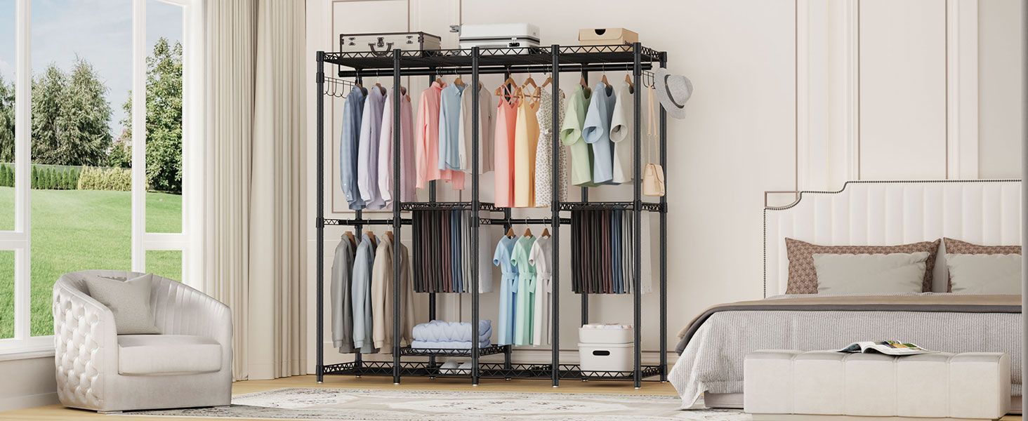 Відкритий шафа-система AQRA: зручний шафа-організатор з 9 полицями та 5 штангами для одягу, стійка для одягу з місткою конструкцією (193.5x43.5x195 см)