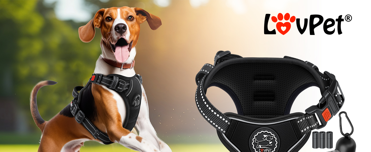 Шлейка для собак без натягу та задухи, дихаюча та м'яка, з світловідбиваючими елементами | Шлейка No-Pull з кишенькою для відходів | Регульована шлейка з ручкою - (M, Чорний)