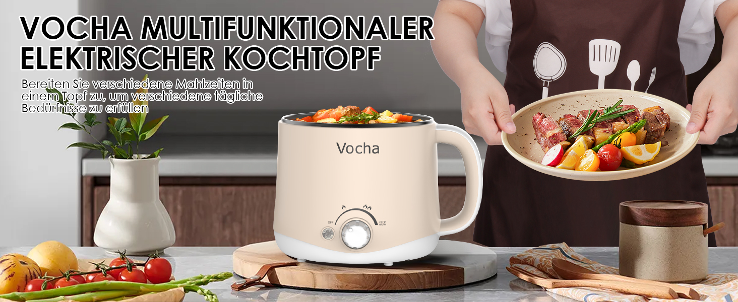 Електричний мультигарячий горщик Vocha 1.6 л з антипригарним покриттям, функцією підтримки тепла, портативний рисоварка, міні-мультиварка для макаронів, супу, яєць, овочів, м'яса (бежевий)