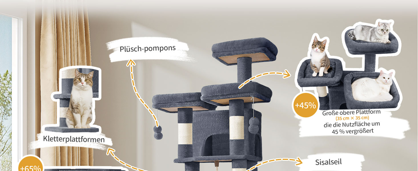 Кігтеточка для котів Hzuaneri, 176 см, XL, 3 платформи, 2 печери, 7 кігтеточних стовпів, гамак, плюшеві кульки, для багатокотових домівок, темно-сірий MS17618SG