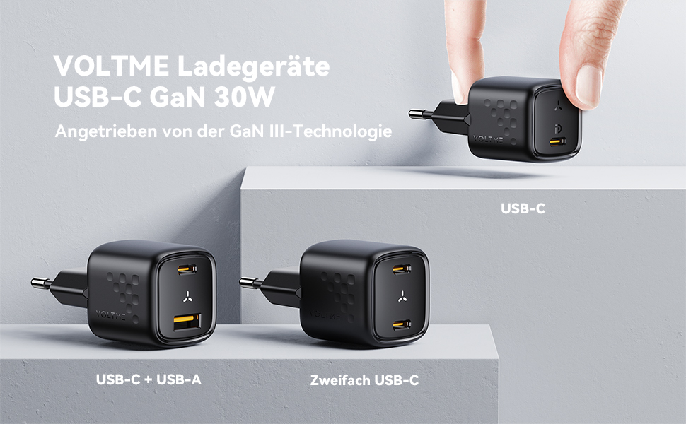 VOLTME зарядний пристрій USB-C 30W 2 шт. GaN, чорний: компактний адаптер живлення для iPhone 14/13, iPad, Android, Samsung, Huawei
