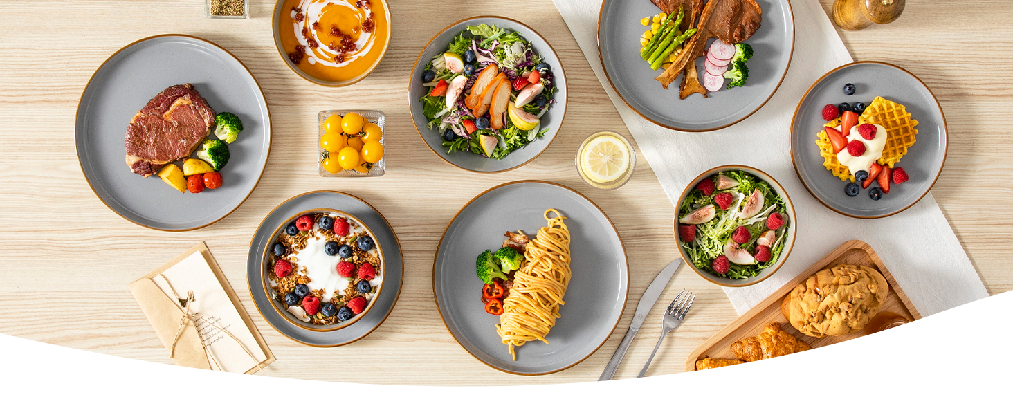 Набір посуду на 6 осіб Vancasso RENO 24 шт. з каменю, сучасний сервіз: обідні, супові, десертні тарілки, миски. Можна мити в посудомийній машині та використовувати в мікрохвильовці, сірий колір.