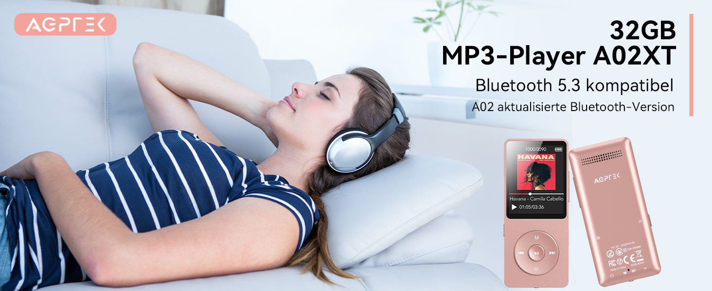 MP3 плеєр AGPTEK 32GB Bluetooth 5.3 Рожевий Зі FM-радіо, до 40 годин відтворення, підтримка карт до 128GB (без навушників)