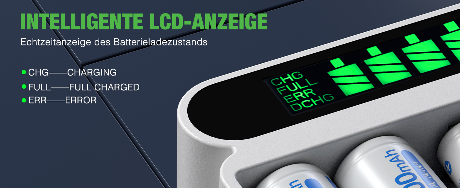 Зарядний пристрій POWXS для акумуляторів NI-MH NI-CD AA/AAA, 8 слотів, LCD дисплей, швидка зарядка Micro USB/Type-C