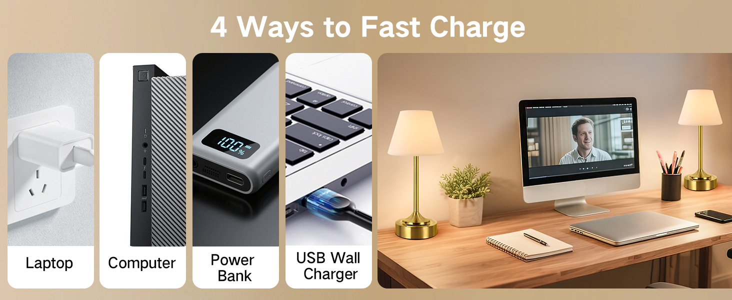 Світлодіодний акумуляторний настільний світильник OUTON 2 шт, USB-C, 3 режими освітлення (3000K-6000K), сенсорне керування, IP54, 53 год, золотий - для ванної, кухні, вулиці