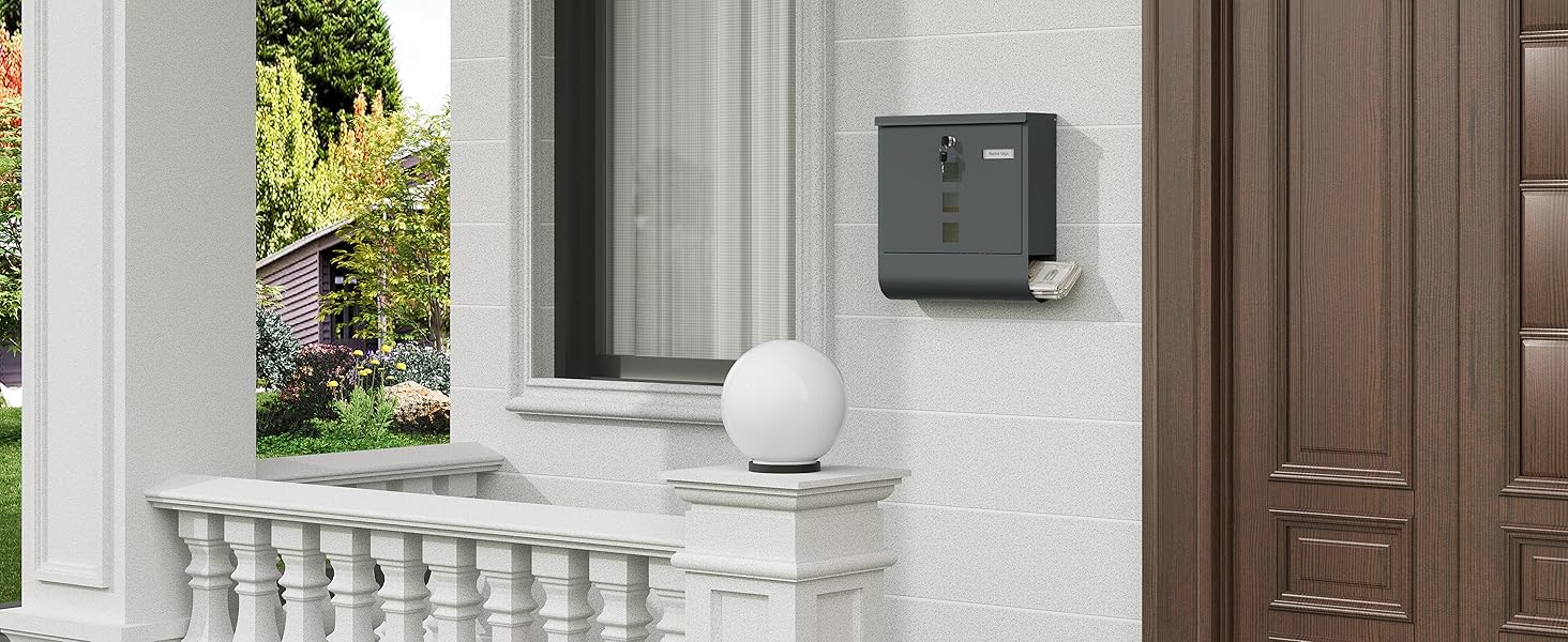 Поштовий ящик WOLTU з газетницею та оглядовим вікном, антрацит, 37x37x10.5 см. Закривається на ключ, з табличкою для імені.