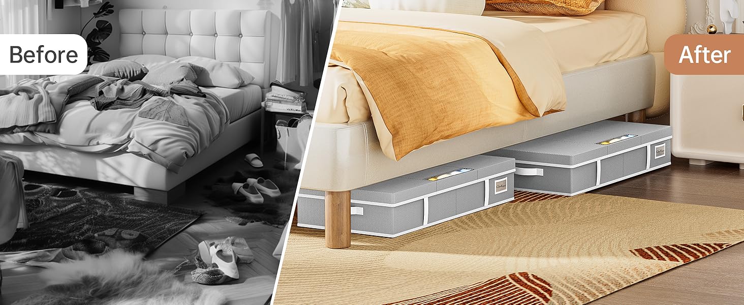 Комод під ліжко LAMU 2 шт., ящик для зберігання під ліжко з кришкою, великий, складний, сумка для зберігання одягу з віконцем та 4 ручками для ковдр, одягу, взуття, сірий, 80x40x15 см, 48 л, сірий