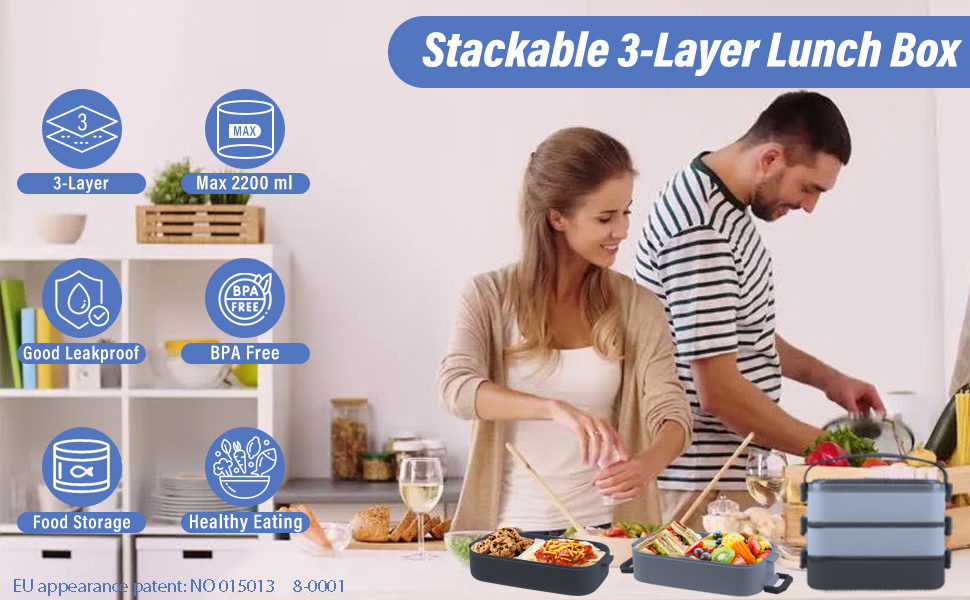 Ланчбокс Brotdose з 3 ярусами, 2200 мл, Bento Box з посудом, роздільники, BPA Free, для мікрохвильової печі, бежевий, 19.5 x 11.2 x 15 см, PP матеріал