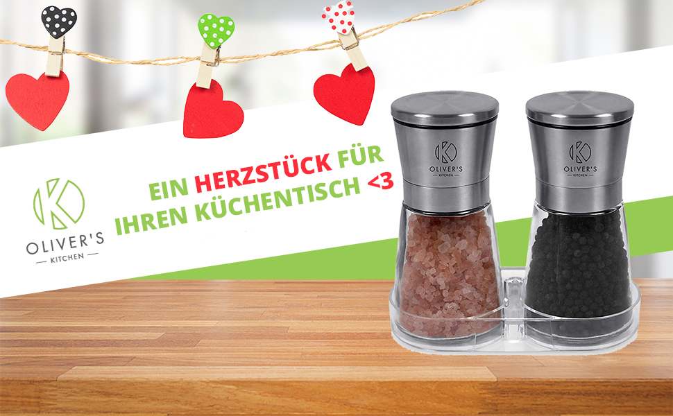 Набір з 2 шт. мельниць для солі та перцю Oliver's Kitchen® - преміум керамічні жорна, велика ємність, регульований ступінь помелу, ручний дозатор