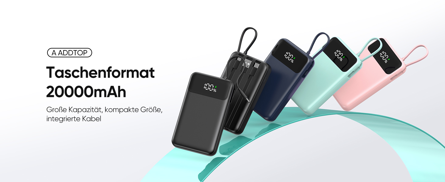 Повербанк ADDTOP 20000mAh з 4 вбудованими кабелями, швидка зарядка 22.5W, компактний зовнішній акумулятор (Чорний)