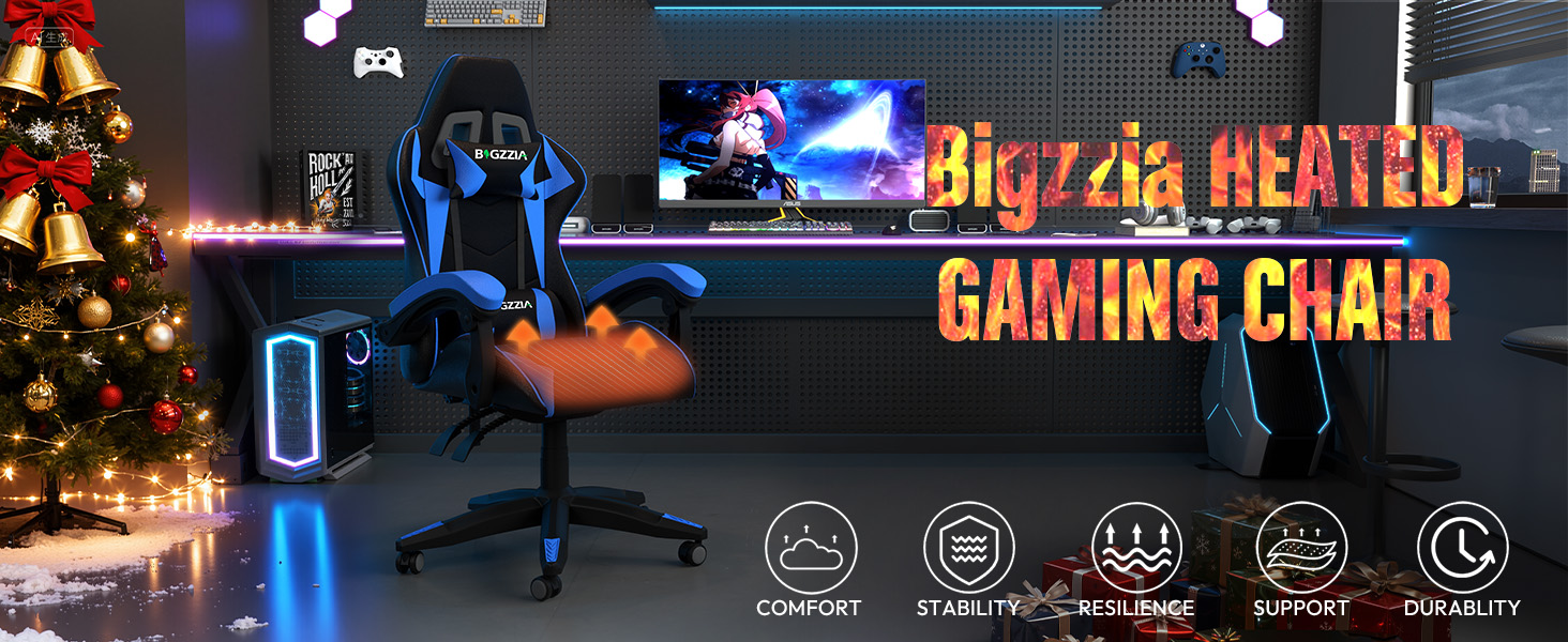 Ігрове крісло Bigzzia Gaming Stuhl з підігрівом, регульована спинка 90-135°, ергономічний геймерський стілець (Синій)
