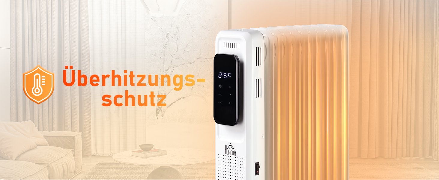 HOMCOM Портативний масляний радіатор з електронагрівом, 2500W, 3 режими, таймер, 11 секцій, білий, сталь, 50.5 x 24 x 63 см