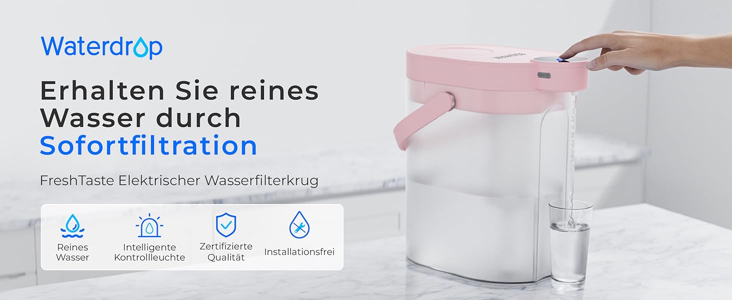 Електричний фільтр-глечик для води Waterdrop FreshTaste, 4 л, зменшує накип, хлор, свинець, мідь, очищає воду, рожевий, для холодильника