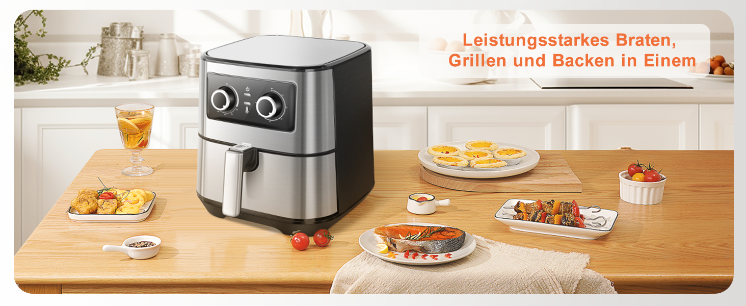 Фритюрниця без олії Uten 5.5L XXL, 1700W, таймер, антипригарне покриття, для 2-8 осіб, темно-сіра