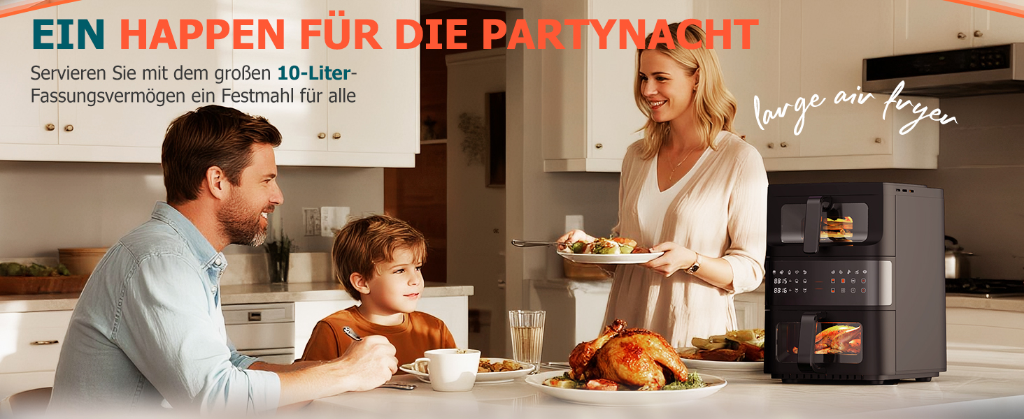 Електрична фритюрниця без олії (10л) з подвійним набором камер, подвійний набір, сенсорний екран, 10 програм, таймер, чорна