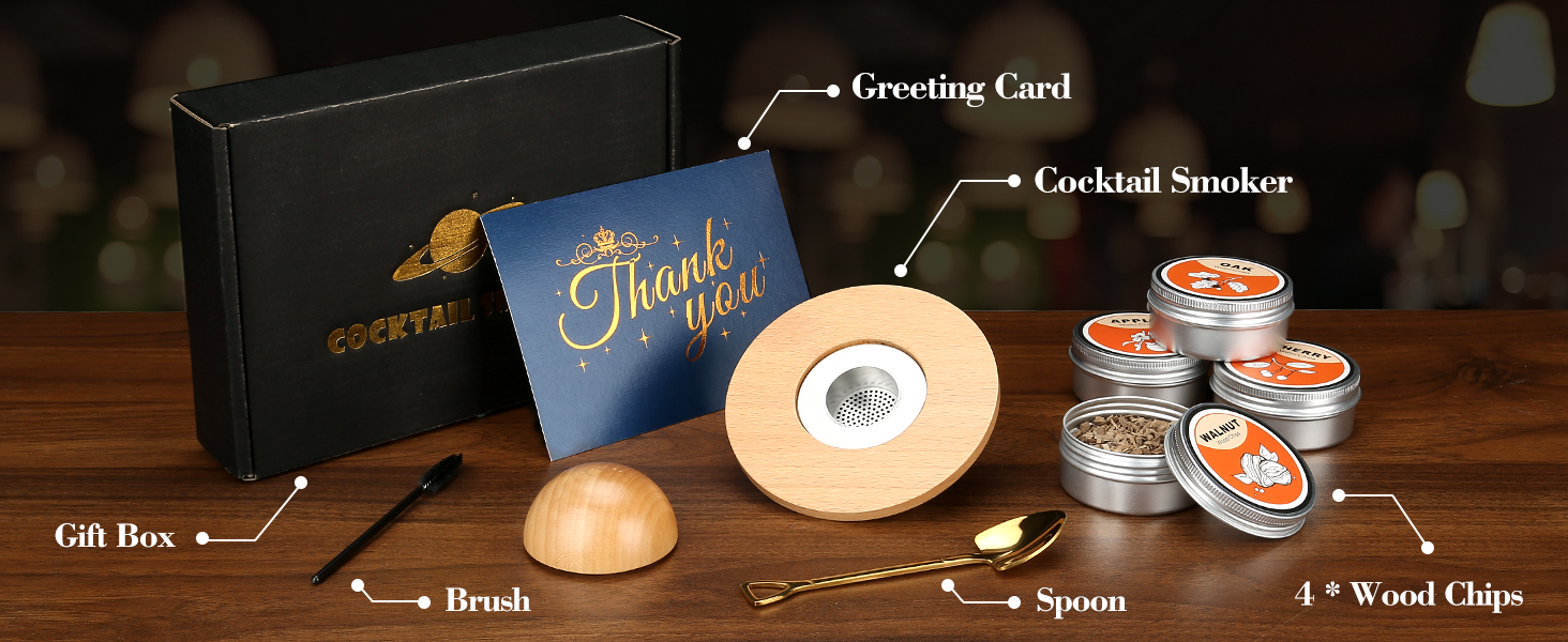 Набір для копчення коктейлів та віскі, з 4 дерев'яними стружками, подарунок на День батька, для Old Fashioned, коктейлів, віскі, бурбону, кави, м'яса та горіхів (Saturn)