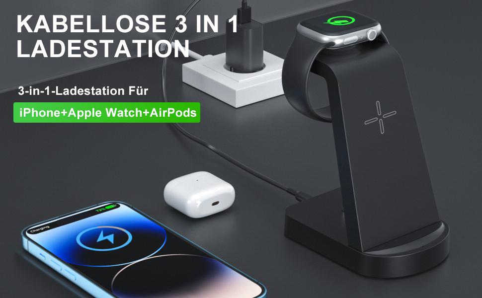 Бездротова зарядка 3 в 1 з адаптером 18W, сумісна з iPhone, Apple Watch, AirPods (чорний)
