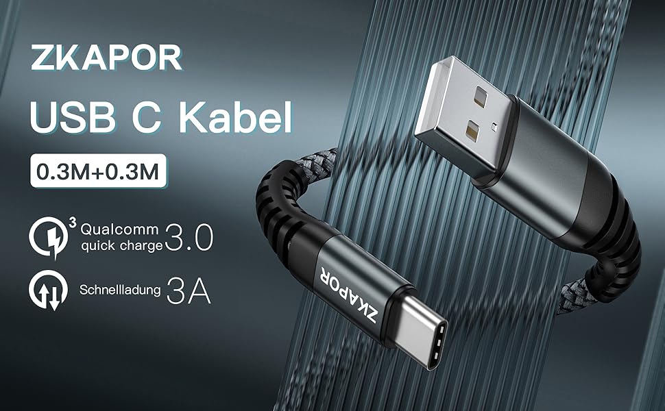 Кабель USB-C 2 шт. ZKAPOR, 3.1A, нейлон, сірий (0.3м) - сумісний з iPhone 15/Samsung Galaxy/Huawei/Google Pixel