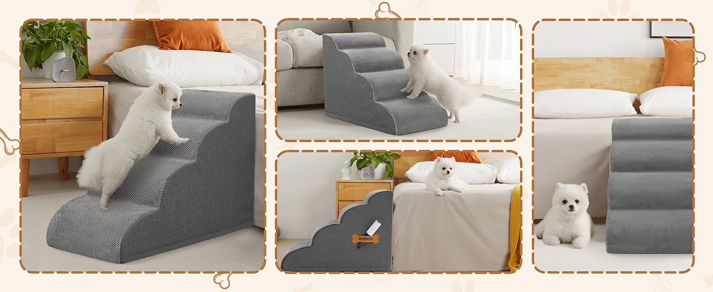 Сходинки для собак та котів ROMROL – 4 сходинки, сірий колір, з м'яким Memory Foam, для захисту суглобів, знімний та миючий чохол