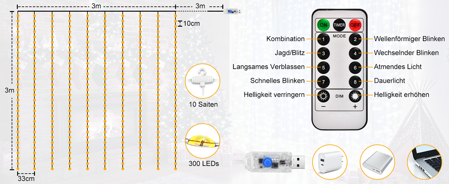 Льодосвітна завіса 3Mx3M з 300 LED, USB, 8 режимів, пульт, таймер, вологостійка, для декору вечірок, свят, спальні (біла, кольорова)