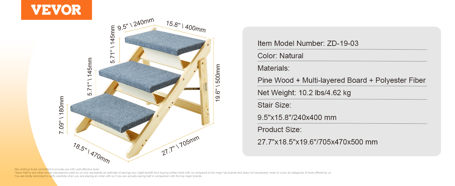 Сходи для домашніх тварин VEVOR з дерева, 2-в-1, складана, для собак та котів, для ліжка, дивану, автомобіля, 3 сходинки, до 68 кг