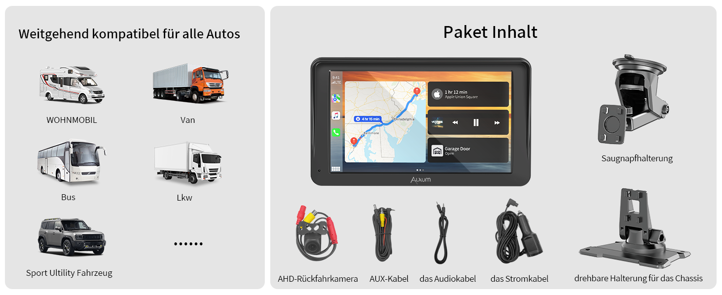 Автомобільний дисплей Alxum CarPlay 7'' IPS із FM-трансмітером, Bluetooth, монітором для авто, камерою заднього виду, підтримкою TF карти, FM і AUX для всіх авто
