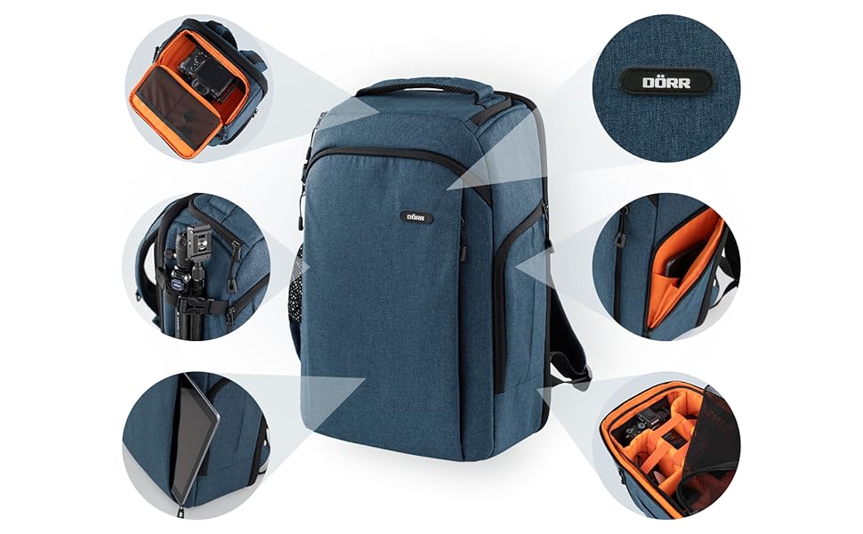 Рюкзак для фототехніки DÖRR Prag Go 16L, водонепроникний, для DSLR/SLR, з відділенням для ноутбука 16 дюймів, для дронів, знімні перегородки, тримач для штатива (блакитний)