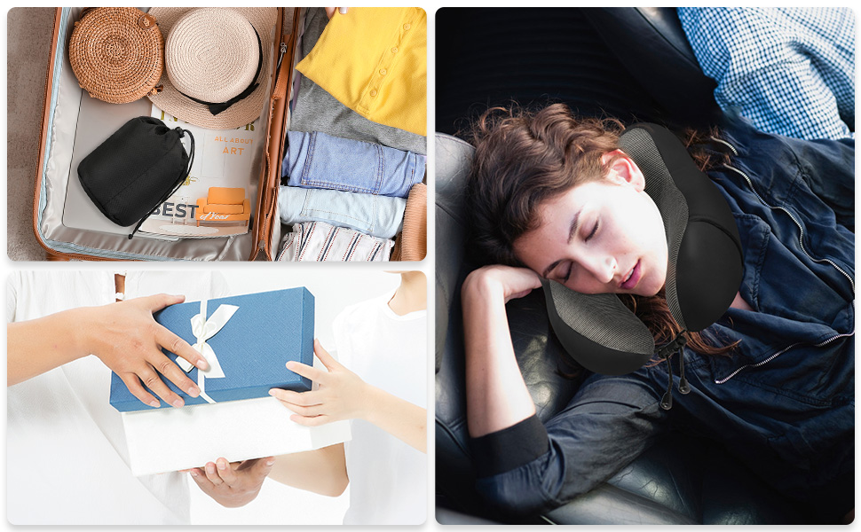 Подушка для шиї Eono з Memory Foam, ергономічна, для подорожей, з маскою для сну та навушниками, чорна