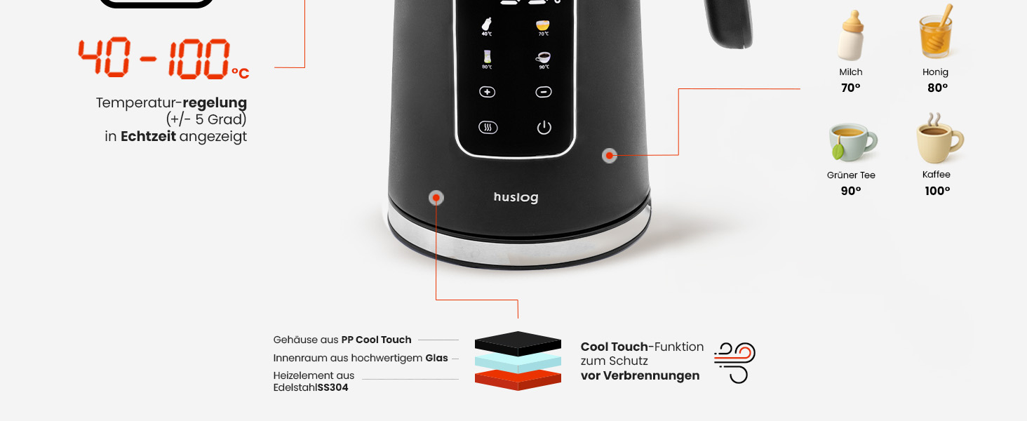 Електричний чайник 1.7 л з тачскріном, 2200 Вт, регулювання температури (40–100°C), 5 програм, підтримання тепла, нержавіюча сталь, бездротовий, чорний