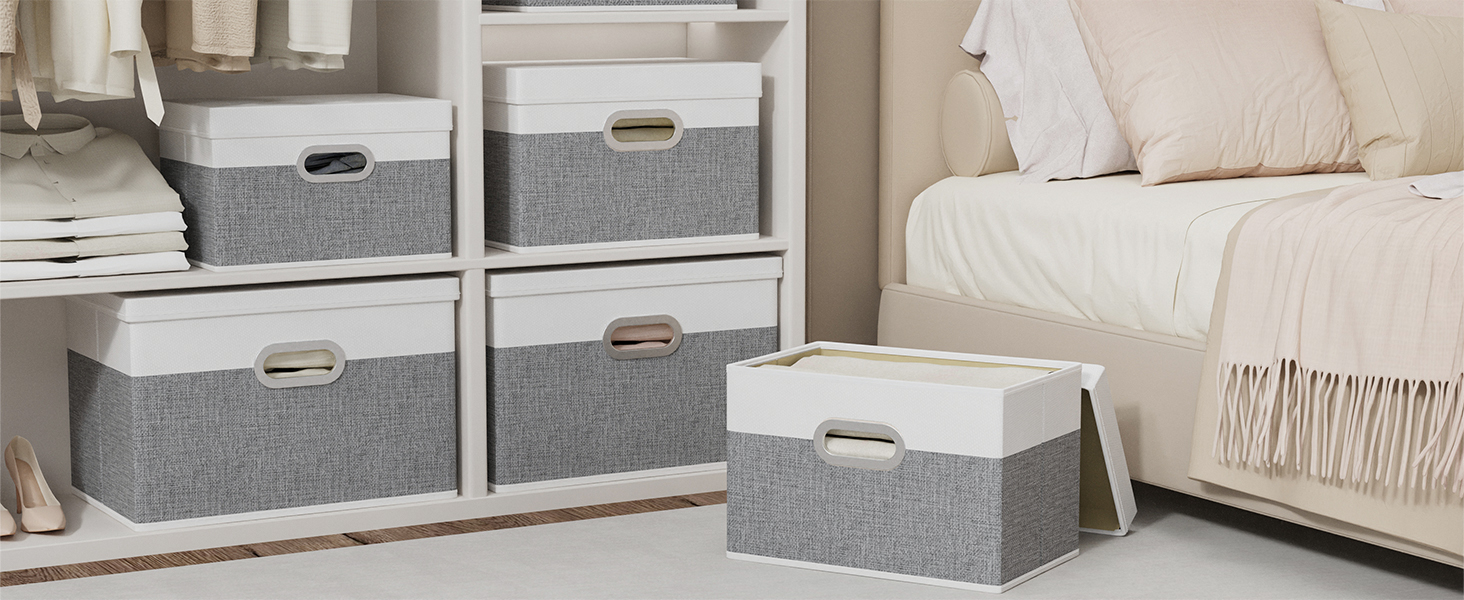 Yawinhe 3-Piece Storage Boxes with Lids, Foldable Fabric Box with Handles, Storage Boxes, for Bedroom, Clothes Storage, 32x23x20cm, SNK023G-3 (32x23x20cm/3-Pack, White/Gray)