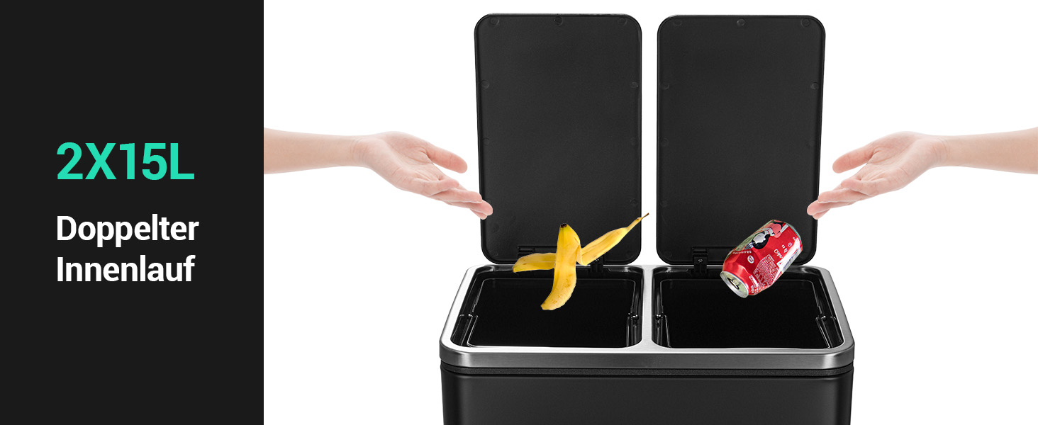 Відро для сміття LIFERUN з двома відсіками, 2 x 15 літрів, металеве, з м'яким закриттям кришки, знімний внутрішній відро, ручки, відро з педаллю, для квартири, маленької сім'ї (Чорний)