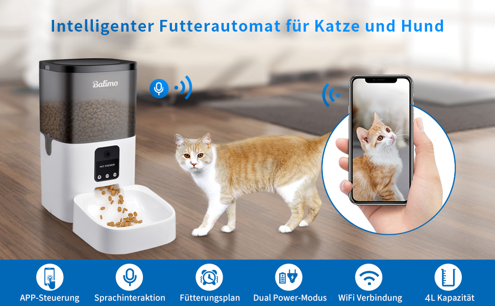 Автомат годування котів Balimo з HD 1080P відео, Wi-Fi, APP-керування та нічне бачення, 4L, нержавійна чаша, 8 прийомів їжі на день, білий