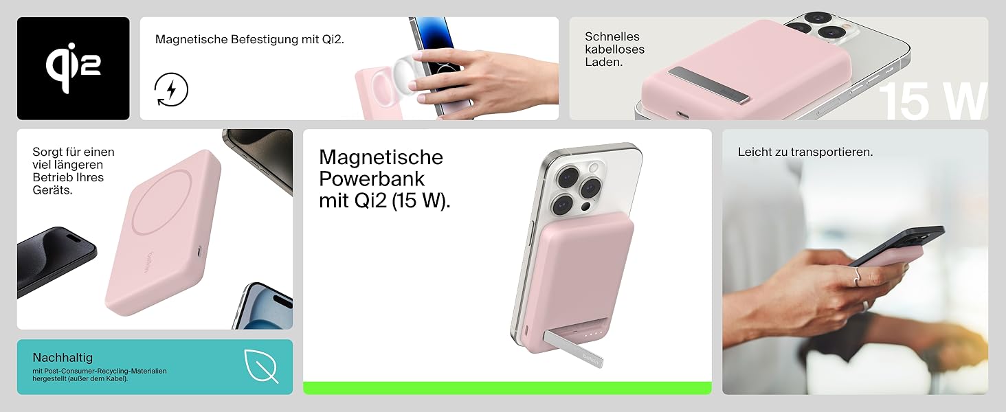 Powerbank Belkin BoostCharge Pro 10000mAh з Qi2 та MagSafe, рожевий, з інтегрованим підставкою, для iPhone 17, Air, 16, 15, 14, Pixel та інших